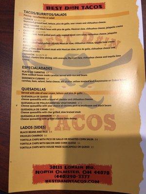 Menu on opening night