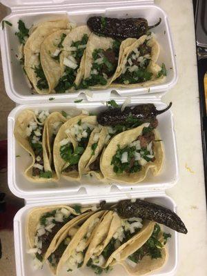 Deliciosos tacos con cebolla y cilantro ... y su chile toreado y salsa .. muy buenos tacos al carbón