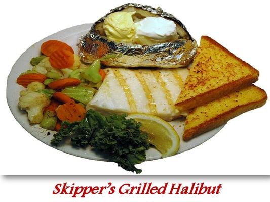 This is the real Skipper's Grilled Halibut. Grilled Vegetables, Baked potato, Garlic Bread.