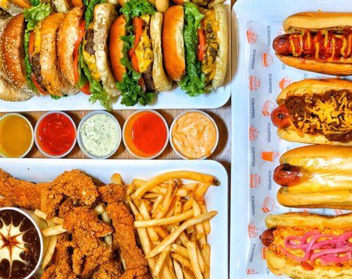 Burgers, chicken fingers, fries and hot dogs