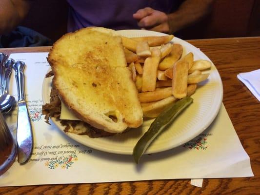 Philly Steak and Cheese with French Fries and a pickle