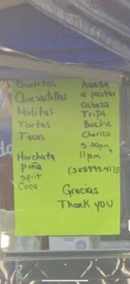 The menu! All tacos are $1.50! They have the best Al Pastor tacos!