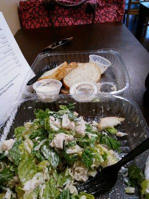 Chicken Caesar salad. Made with no croutons just untoasted bread, mozzarella instead of park.cold chicken. 9.25