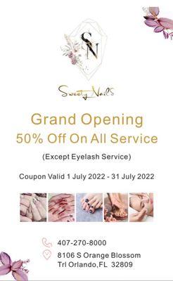 **50% OFF** on all service, except eyelash, for our GRAND OPENING in JULY