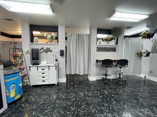 Inside with a seating area