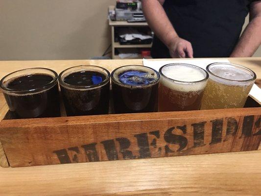 Flight, coffee stout, decaf stout, porter, wheat beer and light ale