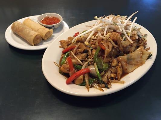 Drunken noodle and crispy spring rolls.