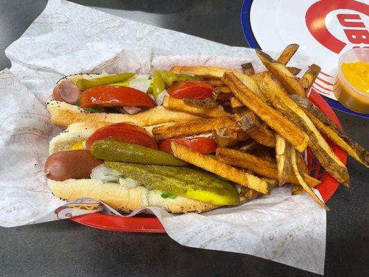 Double Chicago dog combo with hand-cut fries and cheese dip on the side