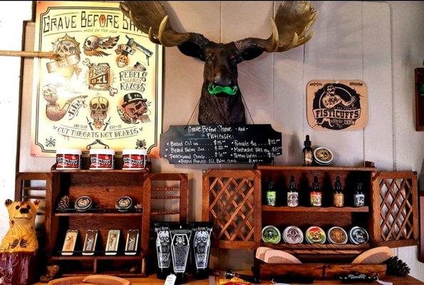 Our selection of men's products, Grave Before Shave & Fisticuffs! We also carry hats & apparel!