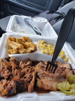 Brisket, turkey, pulled pork, creamed corn, and Mac N' cheese. Came with sweet and tangy cup of their house BBQ sauce!