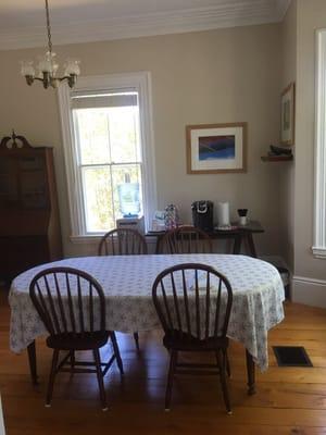 Breakfast room with complimentary coffee tea and water.