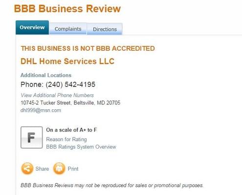 The better business bureau gives DHL Home services an F as in Fraud & Fail,