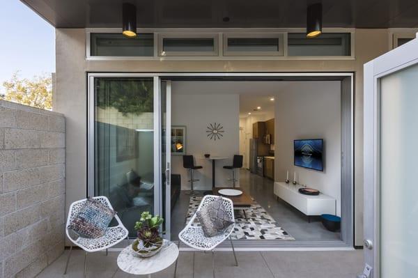 A view of a ground level 1bd from the patio.