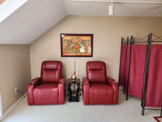 Our treatment area where you can relax, rehydrate and rejuvenate in comfort.