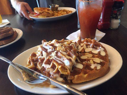 Sweet potato waffles for brunch with the Bloody Mary bar!