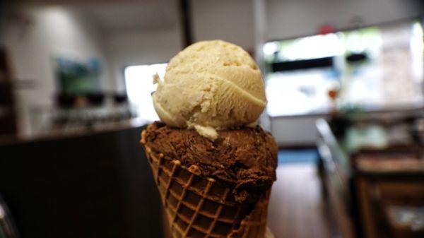 Delicious chocolate and vanilla cone.