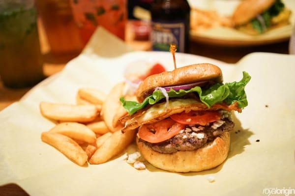 Habanero burger with eggs and bacon.