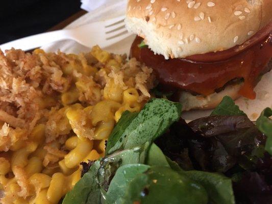 Southwest burger with "mock n cheeze" and salad