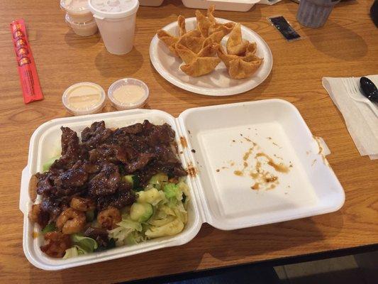 Teriyaki beef and shrimp with crab rangoon.