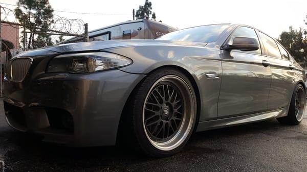 Customer drove all the way from San Diego just to use us! Repaired dents in driver fender and door and blend and refinish