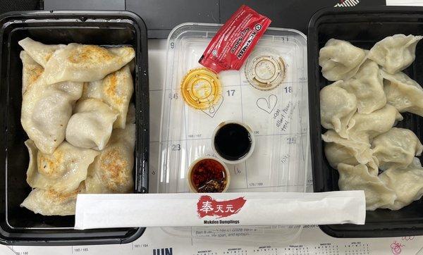 Pan Fried Beef Dumplings with Onion on Left Boiled Chive, Pork, Egg & Shrimp Dumplings on Right