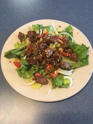 Oriental salad with NY strip teriyaki steak bites