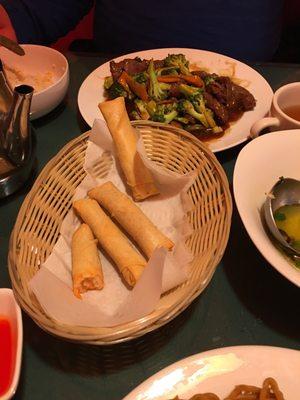Beef and Broccoli with Spring Rolls