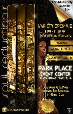Soul Seductions Variety Open Mic takes place every Wednesday night from 9pm - 11:30pm.