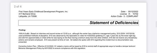 State's report verifying that an employee dragged an 18 month old across the floor and is currently still employed at this facility.
