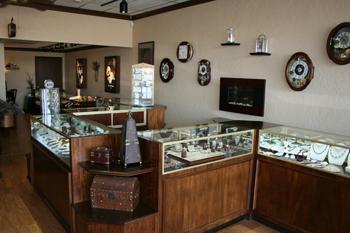 Shot of display cases at Powers Jewelry
