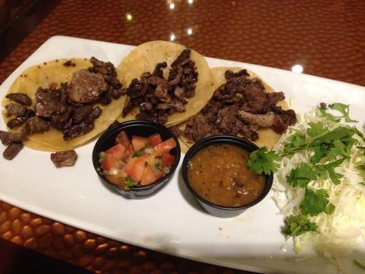 Street tacos ($10) - three traditional street tacos, 4" gluten free corn tortillas, grilled chicken or beef