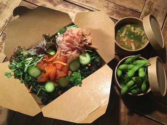 Medium size w/Albercore, Bonito Flakes , Miso soup, and soy beans. $16!!
