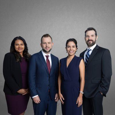 Our Team of Lawyers | Rashmi Krishnappa, Esq., Kyle Robbins, Esq., Lorenza G. Cigarroa, Esq., and John Strickland, Esq.