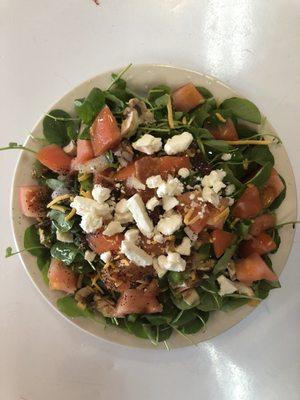 Spinach salad serve with crumbles feta cheese or your favorite cheddar cheese