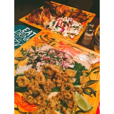 Ceviche, Fried Calamari, Rotisserie chicken, sweet plantains and salad with house made dressing.