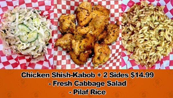 Chicken shish-kabob with 2 sides