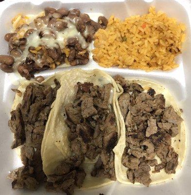 Beef Wok Tacos w/ rice and beans (my kid doesn't like veggies on tacos)