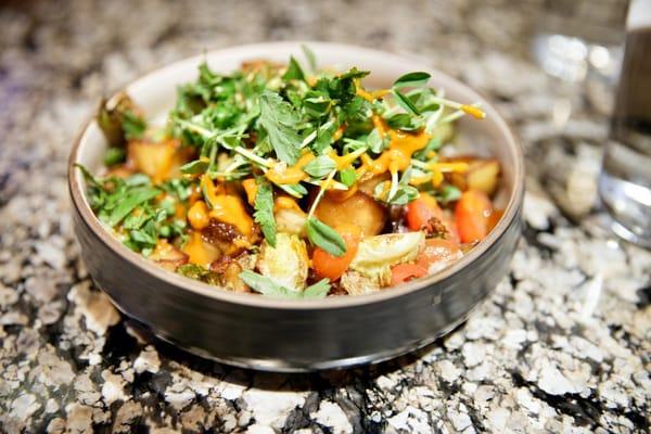 Warm Eggplant Salad $7.00 (fried eggplant, bell pepper puree, miso butter)