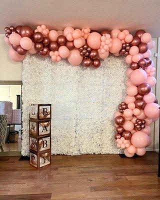 "Grace" Flower wall with a Premium Plus 12ft Balloon Garland package.