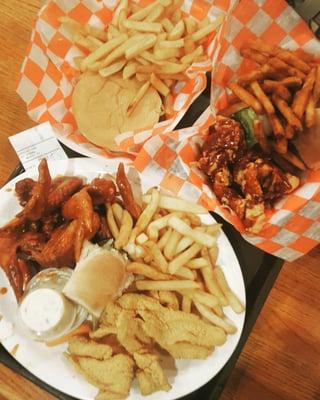 Cheesburger&fries, BBQ chicken tenders w/seasoned fries, and managers special: catfish, fries, and the "hot hot" wings.