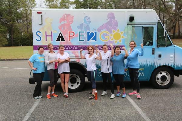 SHAPE2GO delivers outdoor workouts to neighborhoods, businesses, and schools. These women enjoy motivating and encouraging each other!
