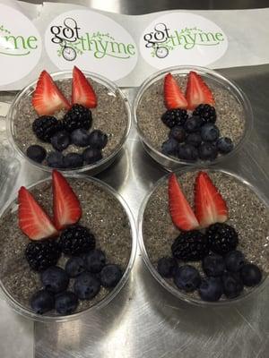 Chia pudding made with almond milk, maple and a dash of cinnamon. Topped with berries