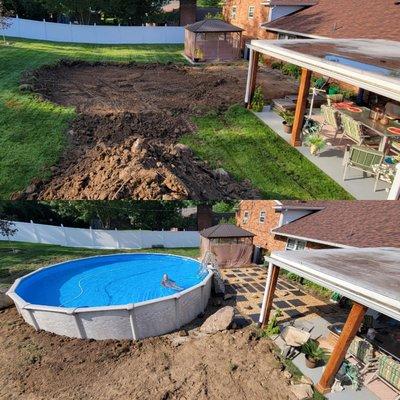 We were able to incorporate the client's old paver stones and boulders we found while excavating to give their pool a natural landscape.