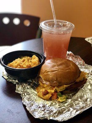 PR Fixer breakfast combo. Seasoned eggs, ham, and cheese on a roll. The combo includes potatoes and a drink.