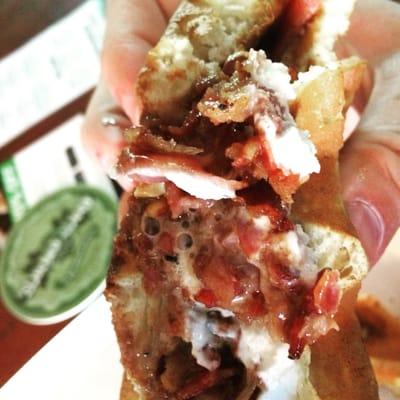 "The Healthy choice" waffle sandwich. Nutella, peanuts, house made whipped cream, and fresh cooked bacon.