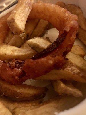 Two burnt onion rings in the "combo"