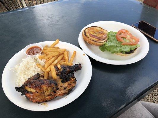 Pollo Loco with rice and fries and Bbq burger