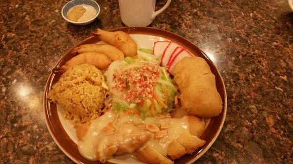 Combination #8: egg roll, BBQ pork, sweet & sour shrimp (sweet on the side), chow mein, almond chicken, and fried rice.