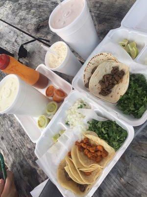 All this food for about ~$15. Corn in a cup, horchata, limonada, and tacos galore.