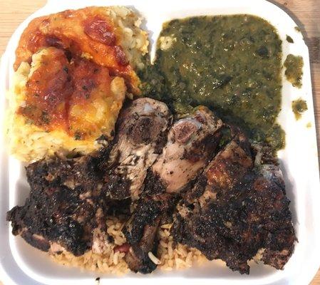Jerk Chicken, Macaroni Pie, Callaloo, Beans and Rice
